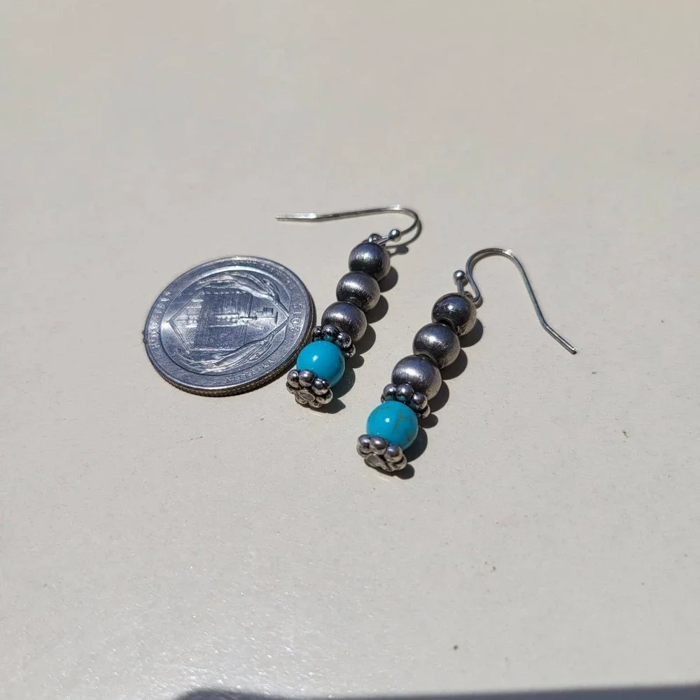 Vintage Sterling Silver Turquoise Dangle Earrings Blue Bead Southwestern Boho